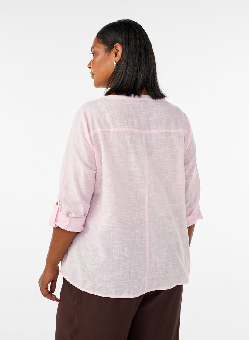 Skjortebluse i bomuld med v-udsk&aelig;ring, Lyser&oslash;d, Model image number 2
