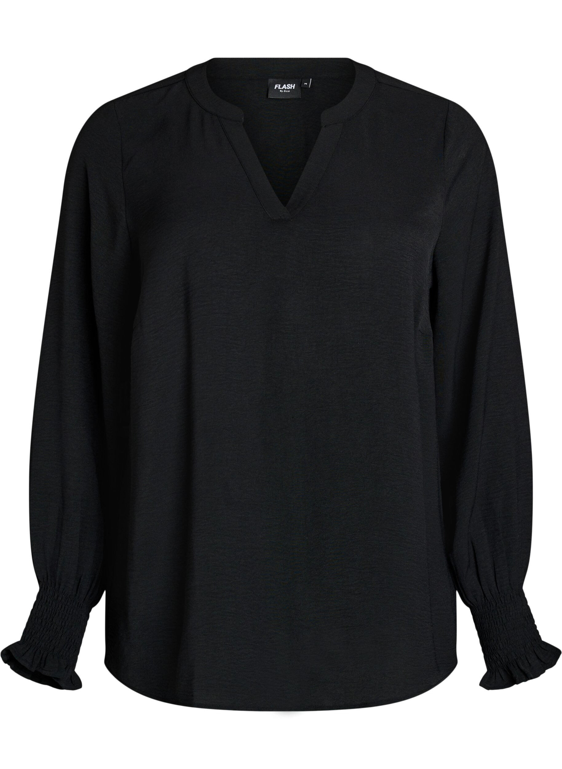 FLASH - Bluse med smock manchetter og V-udsk&aelig;ring