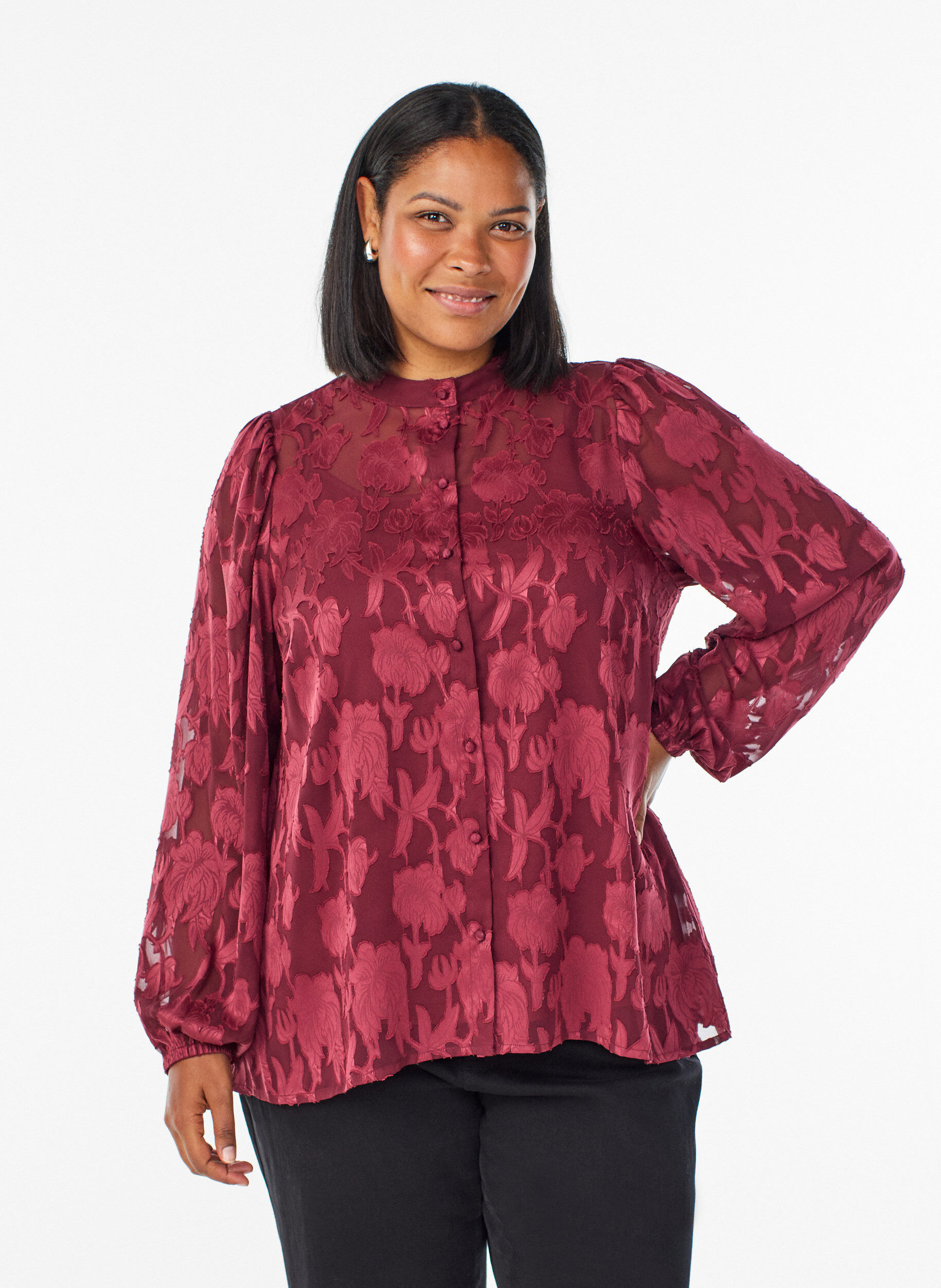 Bluse med knapper og blomsterm&oslash;nster, M&oslash;rk Bordeaux, Model