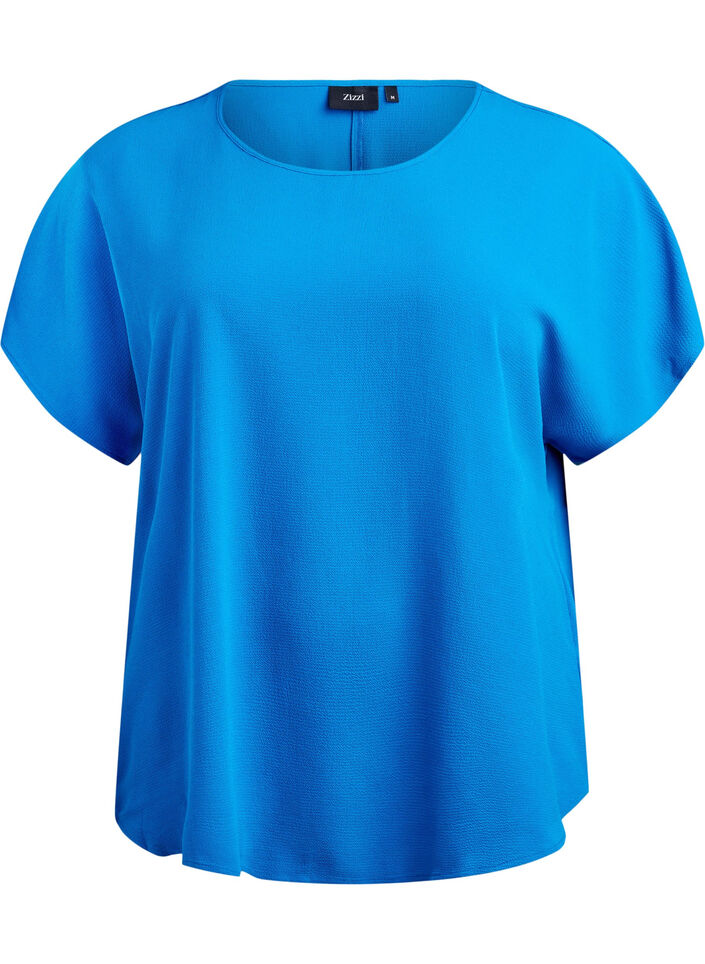 Bluse med korte &aelig;rmer og rund halsudsk&aelig;ring, Bl&aring;, Packshot image number 0