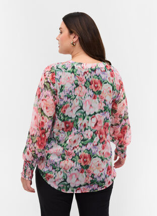 Blomstret bluse med lange ærmer og smock, Flower AOP, Model image number 1