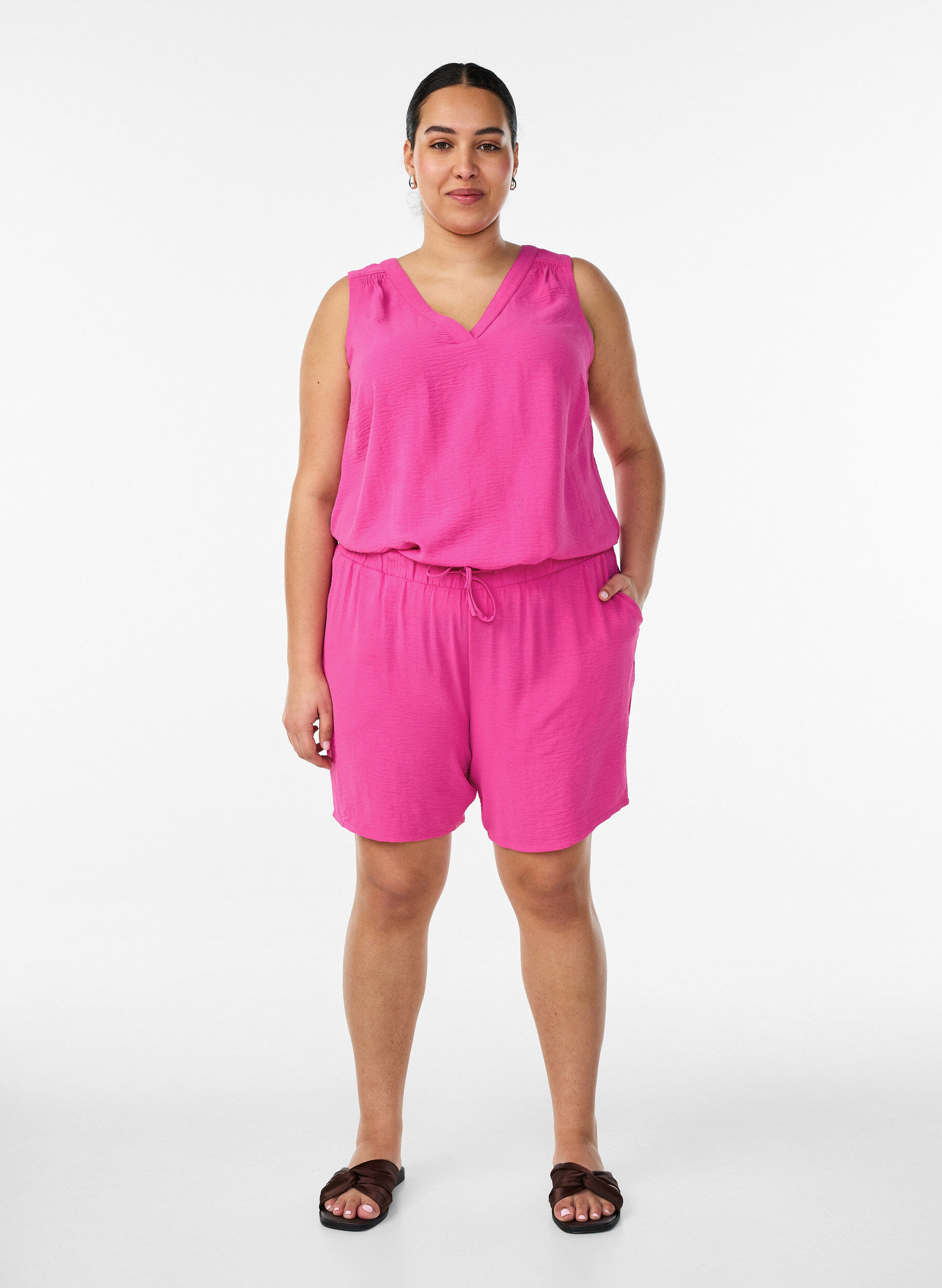 Zizzi&AElig;rmel&oslash;s top med rynkedetaljer, Lyser&oslash;d, Model image number 1