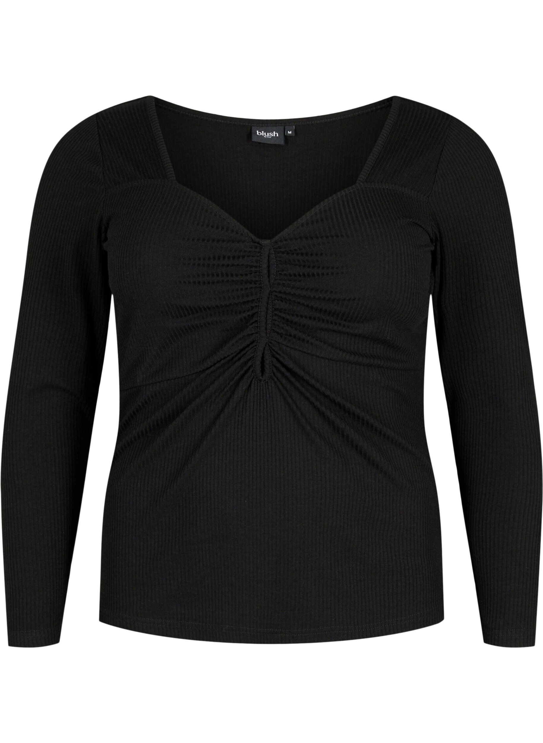 Zizzi Ribbet bluse med huldetalje, Black, Packshot image number 0