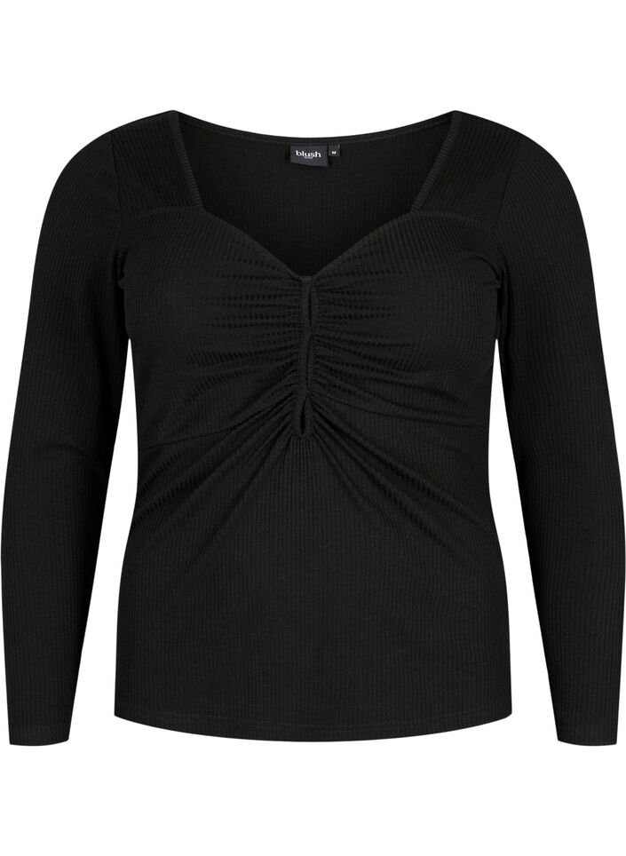 Ribbet bluse med huldetalje, Black, Packshot image number 0