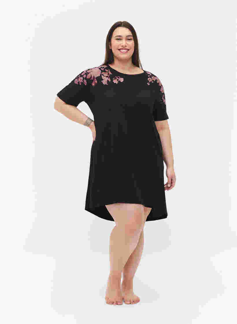 Bomulds natkjole med blomsterprint, Black, Model image number 1