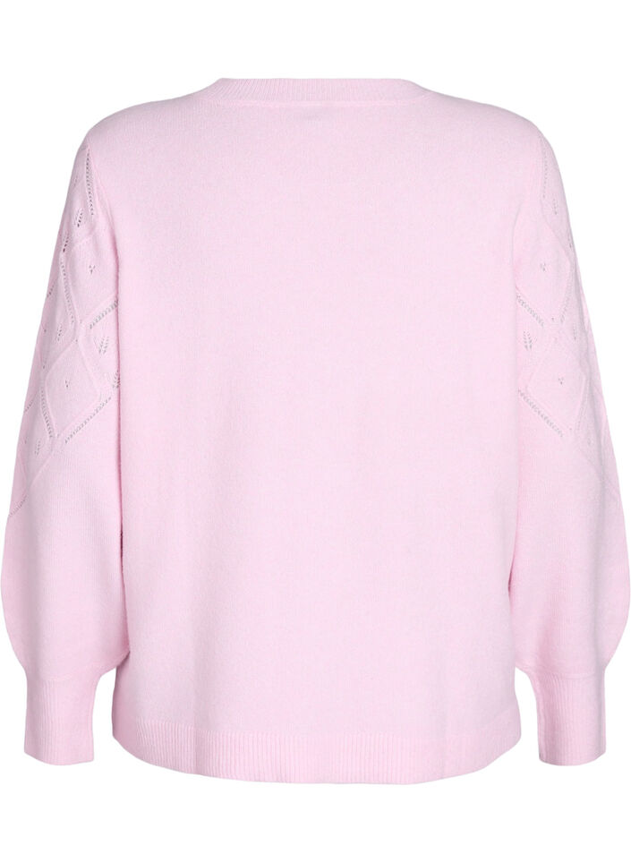 Strikbluse med hulmønster og ballonærmer, Lyserød, Packshot image number 1