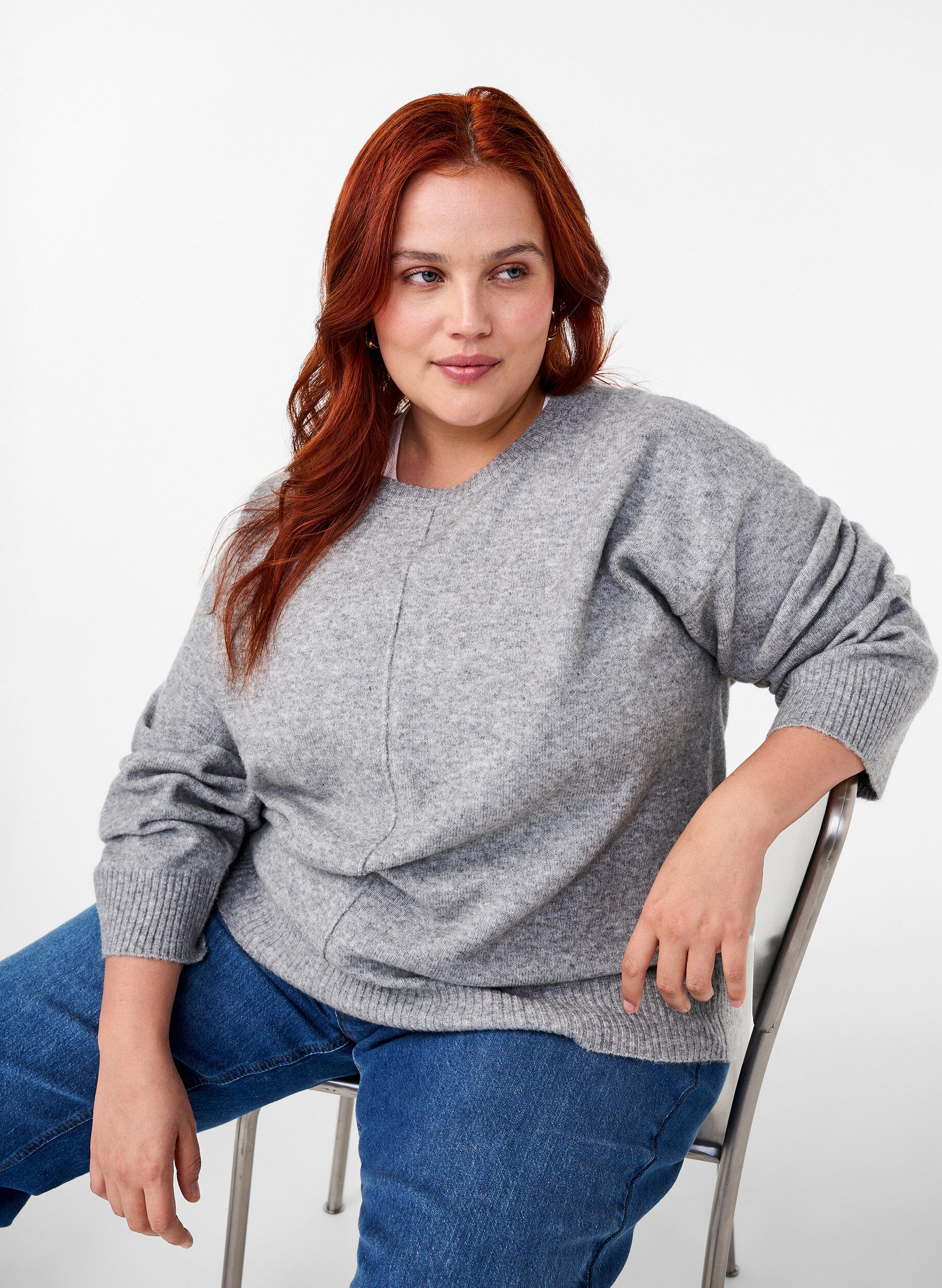 Zizzi Strikbluse med rund hals og midters&oslash;m, Light Grey Melange, Image image number 0