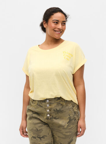 Meleret t-shirt i bomuld, Pale Banana Melange, Model image number 0