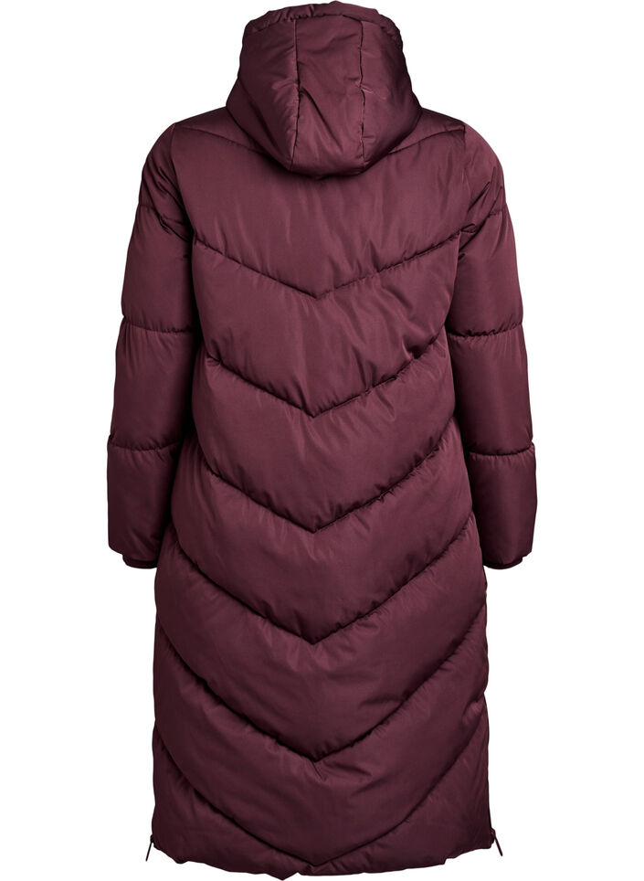 Lang pufferfrakke med h&aelig;tte og lommer , M&oslash;rk Bordeaux, Packshot image number 1
