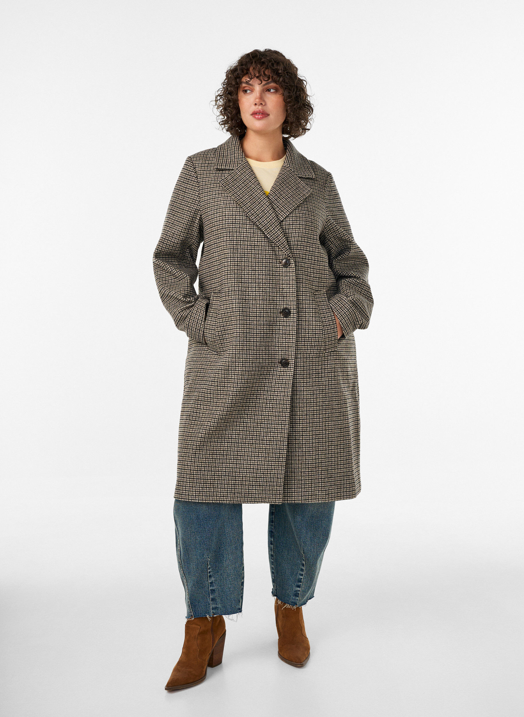 ZizziMellemlang frakke med ternet m&oslash;nster, Brun, Model image number 3