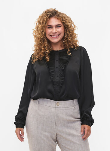 Skjortebluse i satin med flæsedetaljer, Black, Model image number 0