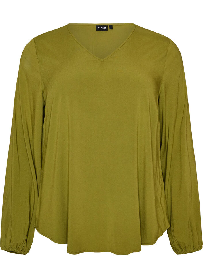 Viskosebluse med V-hals og lange &aelig;rmer, Gr&oslash;n, Packshot image number 0