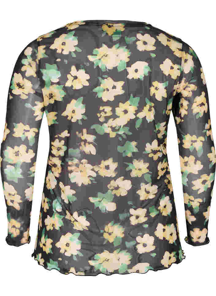 Tætsiddende mesh bluse med blomstermønster, Yellow Green AOP, Packshot image number 1