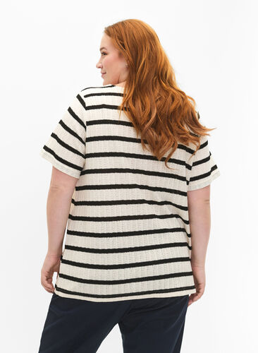 Bluse med korte ærmer og kontrasfarvede striber, Sand Black Stripe, Model image number 1