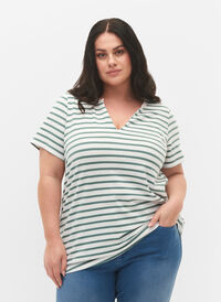 Bomulds t-shirt med striber og v-hals, B.White/SeaP.Stripes, Model