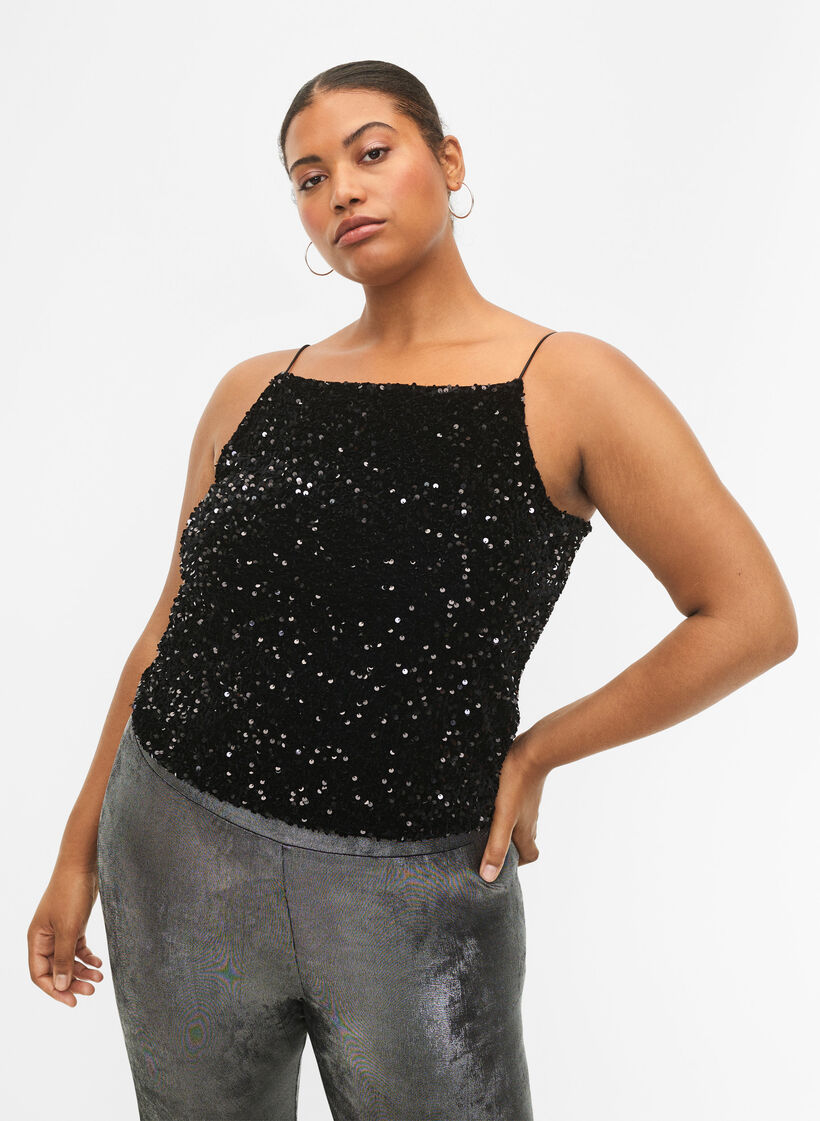 Top med pailletter og smalle stropper, Black Sequins, Model image number 0
