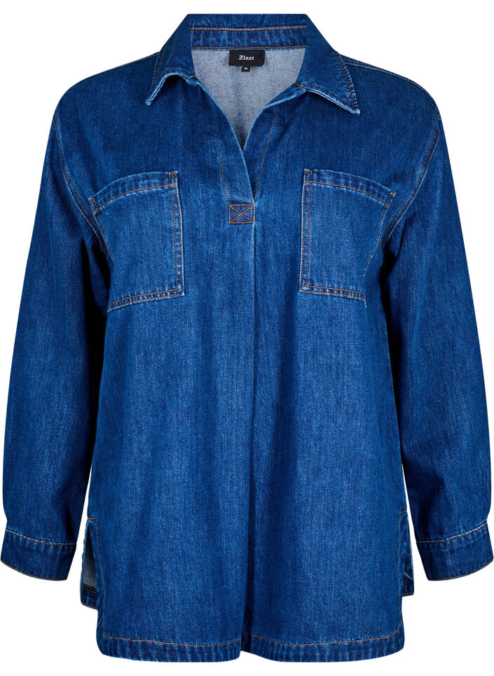 Denim bluse med krave, Unwashed, Packshot image number 0