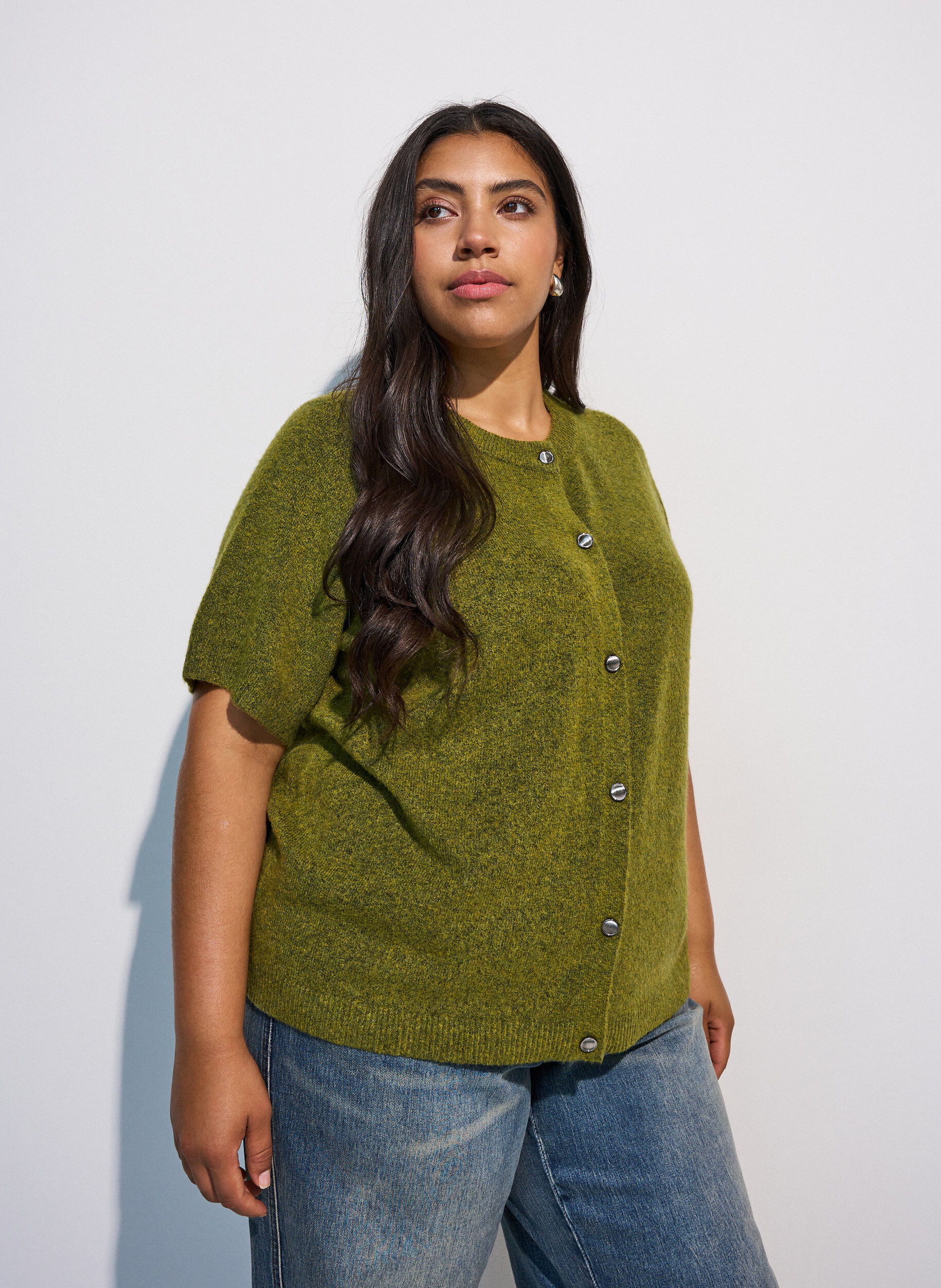 Strik cardigan med korte &aelig;rmer, Gr&oslash;n, Model