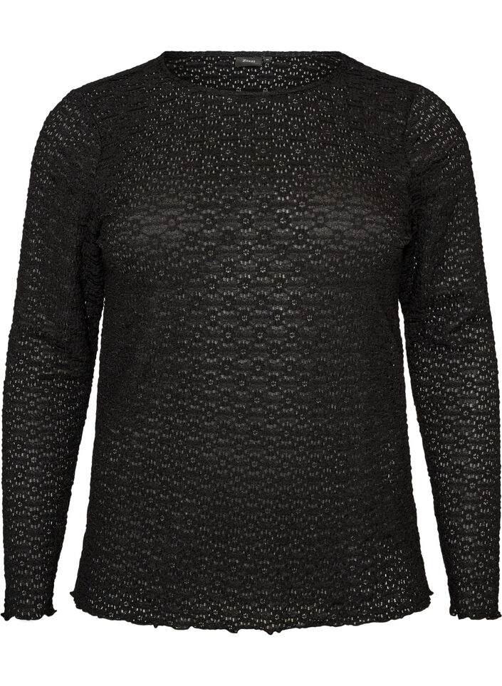Bluse med hulm&oslash;nster og lange &aelig;rmer, Sort, Packshot image number 0