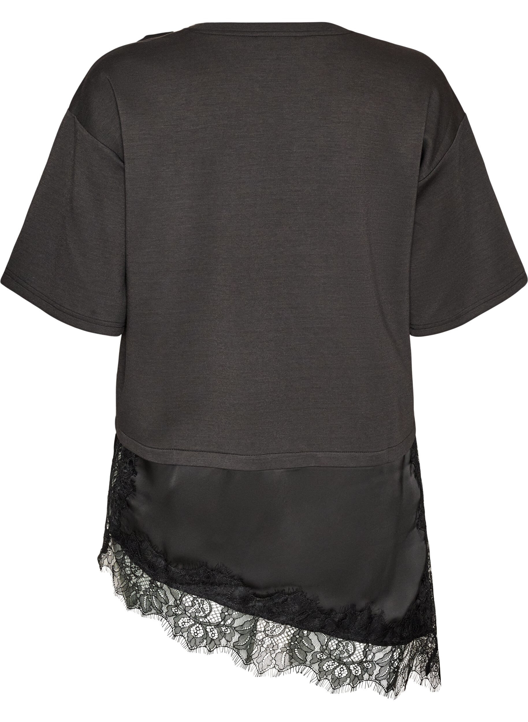 ZizziJerseybluse med lag-p&aring;-lag-look og blonde, Sort, Packshot image number 1