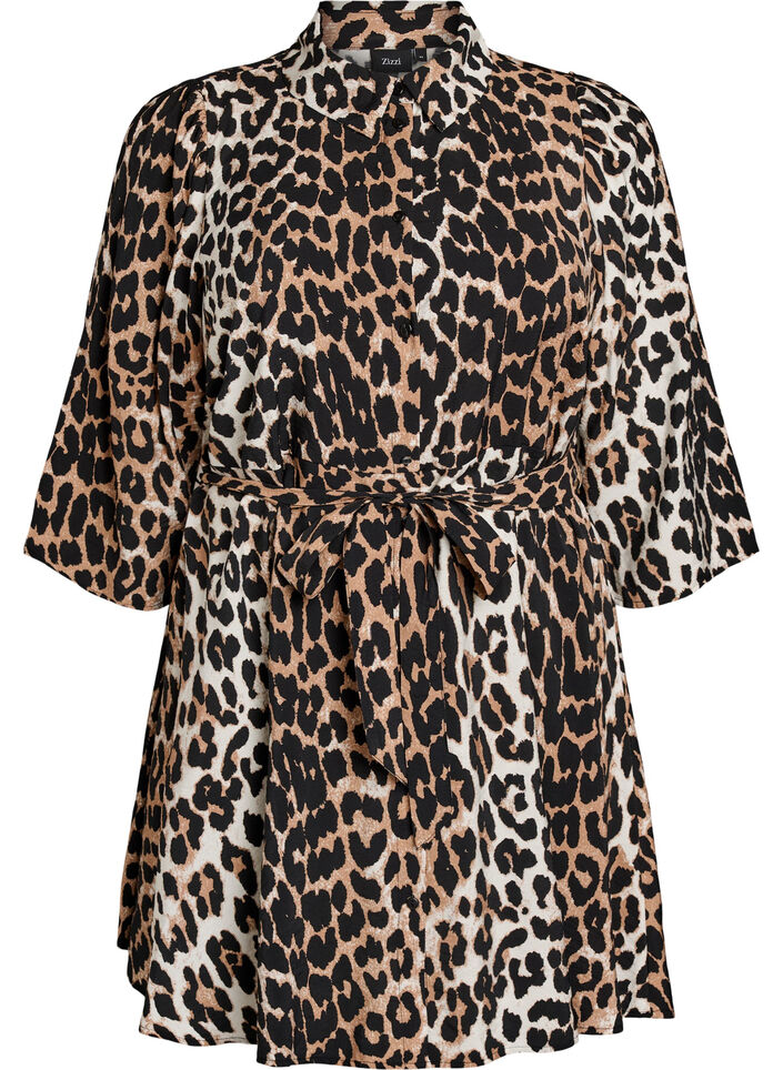 M&oslash;nstret tunika med bindeb&aelig;lte og 3/4 &aelig;rmer, Brun, Packshot image number 0