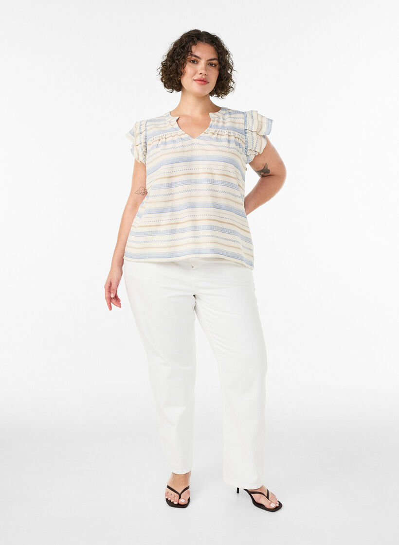&AElig;rmel&oslash;s bluse med fl&aelig;ser og m&oslash;nstrede striber, Vanilla, Model image number 1