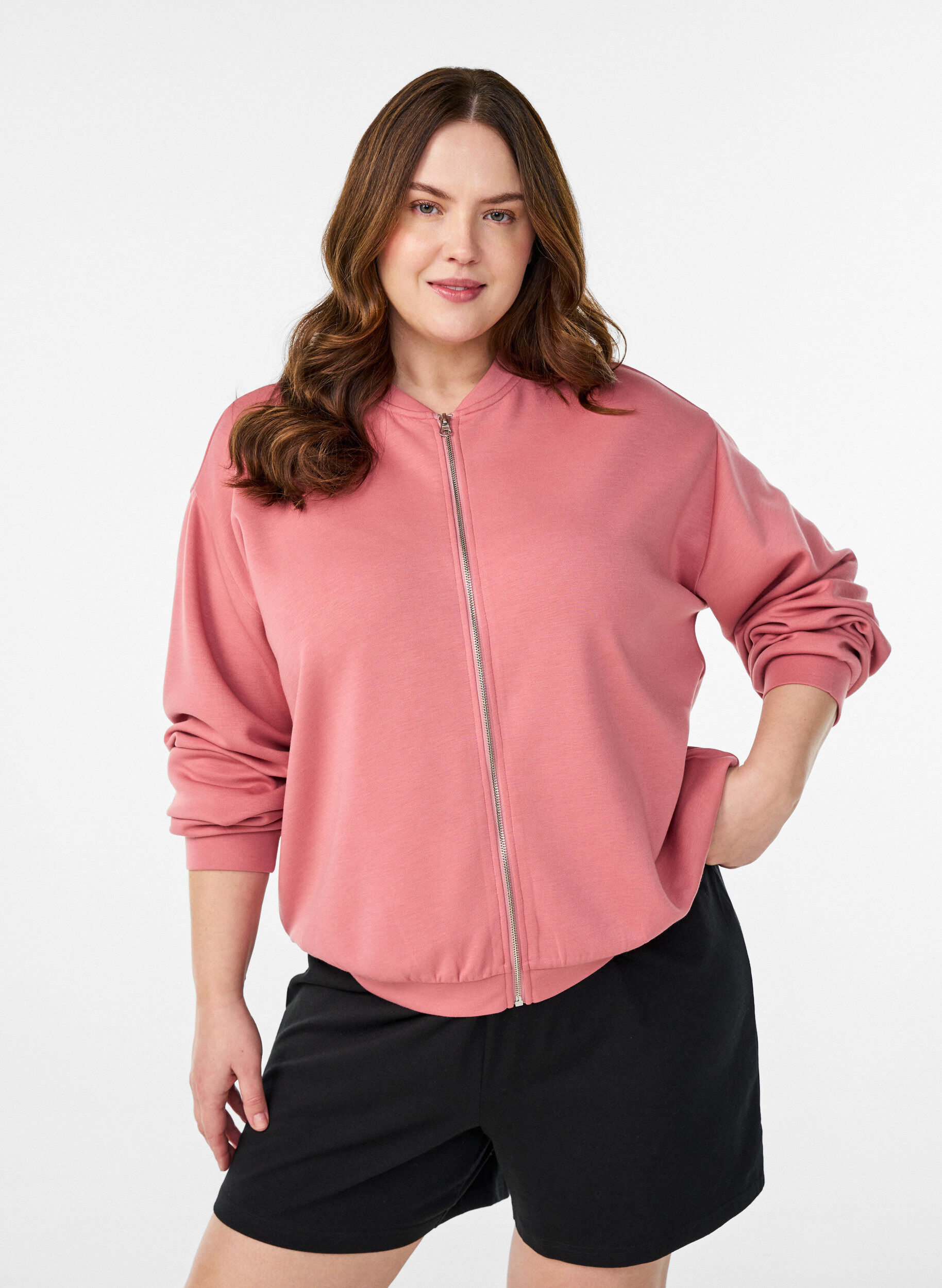 Zizzi Bomber-cardigan med lynl&aring;s, Lyser&oslash;d, Model image number 0