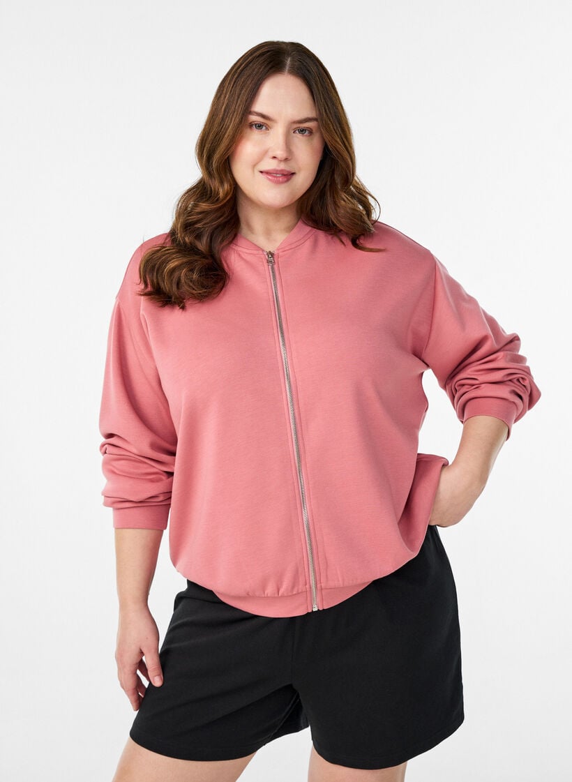 Bomber-cardigan med lynl&aring;s, Lyser&oslash;d, Model image number 0