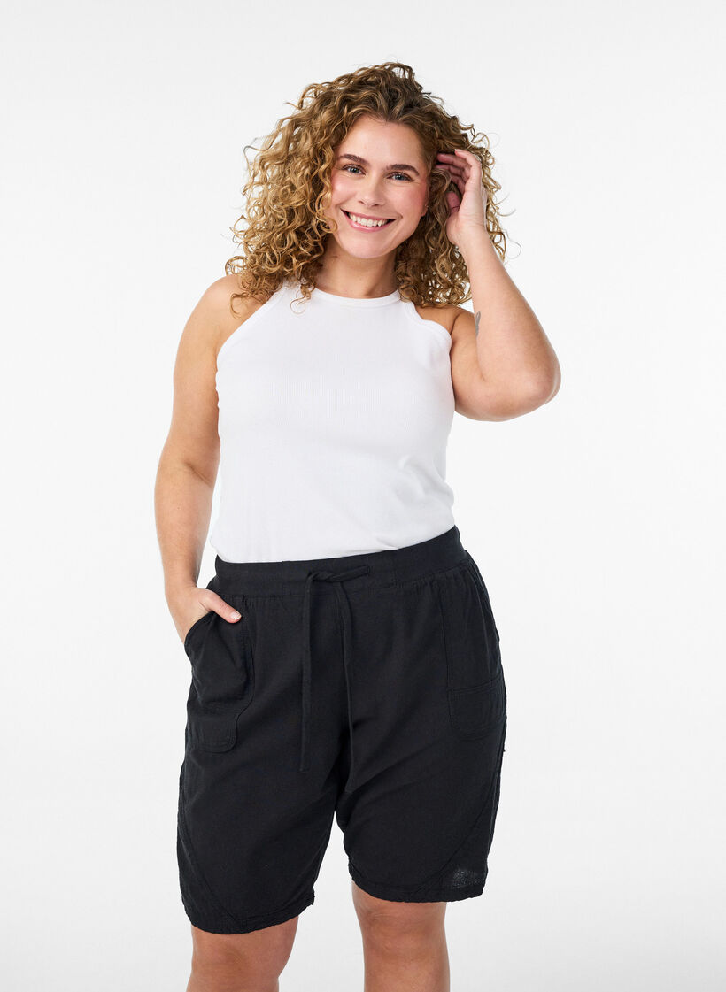 L&oslash;se shorts i bomuld med lommer, Sort, Model image number 0
