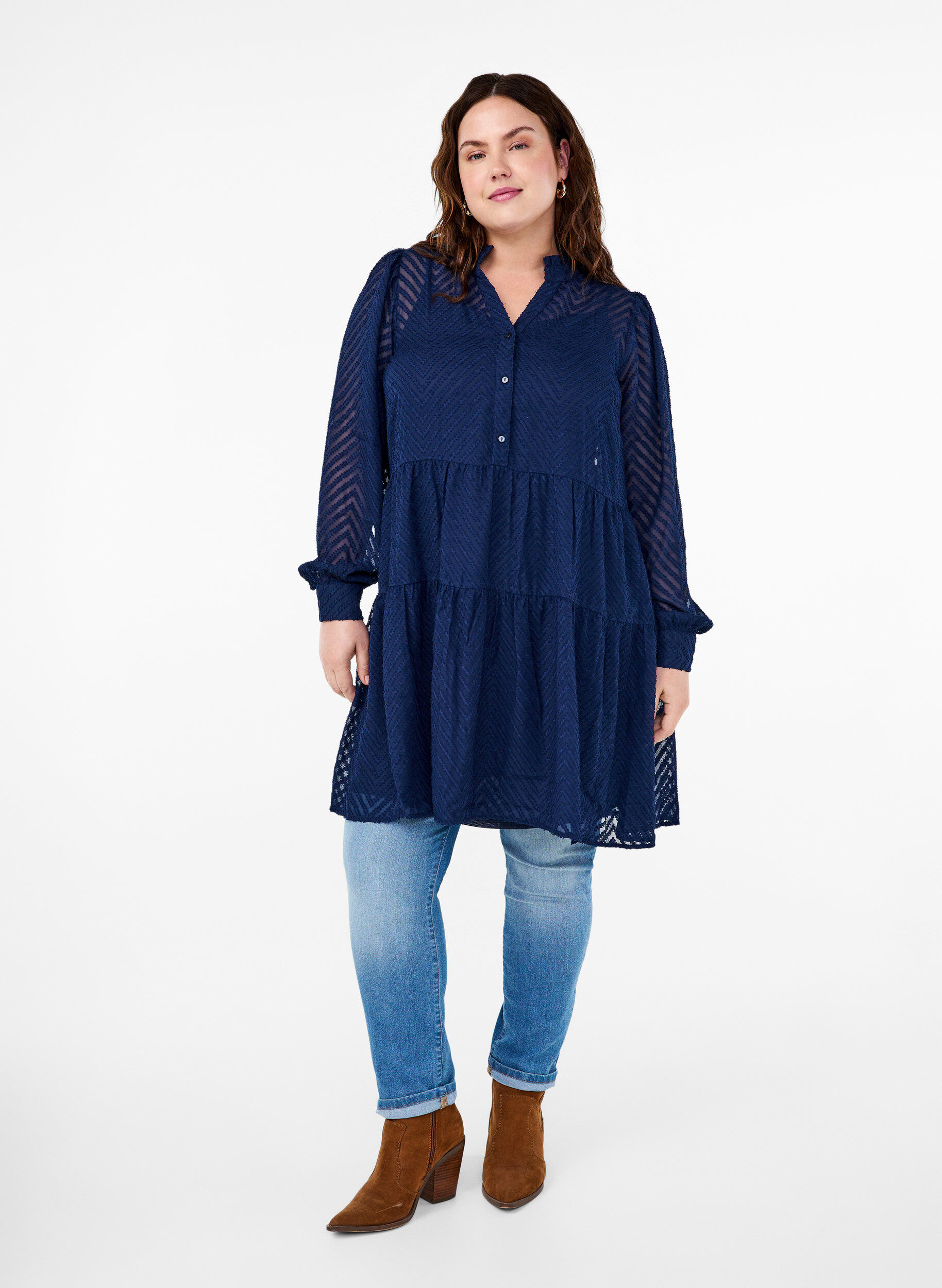 Zizzi Kort kjole med tekstur og fl&aelig;sekrave, Navy Blazer, Model image number 2