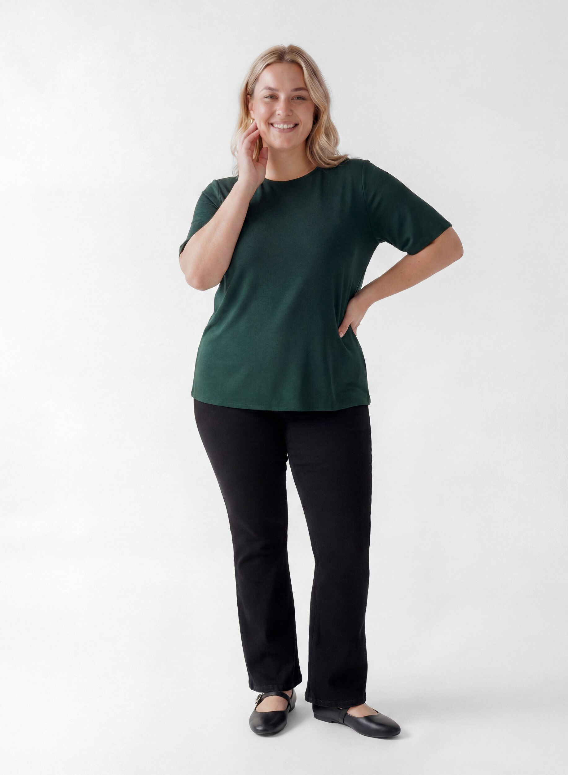 ZizziKort&aelig;rmet v&aelig;vet bluse med rund hals, Gr&oslash;n, Model image number 1