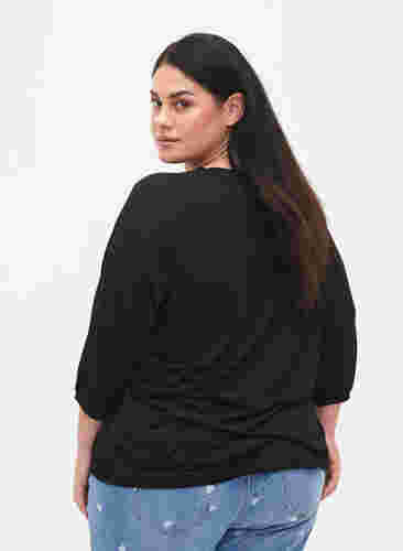 Ensfarvet bluse med 3/4 ærmer, Black, Model image number 1