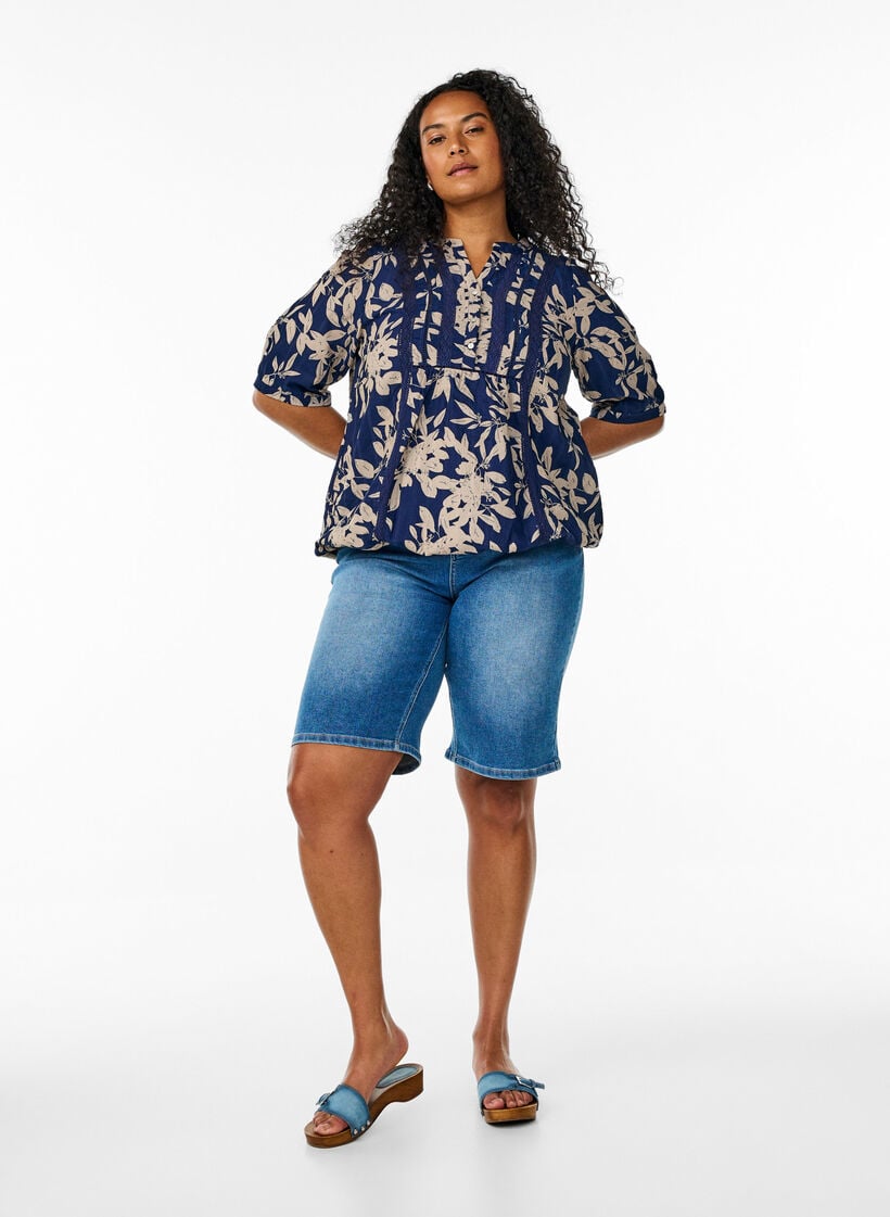 Bluse med print og 1/2 &aelig;rmer, Bl&aring;, Model image number 1