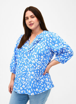 3/4 ærmet bluse i bomuld med print, Marina White AOP, Model image number 0