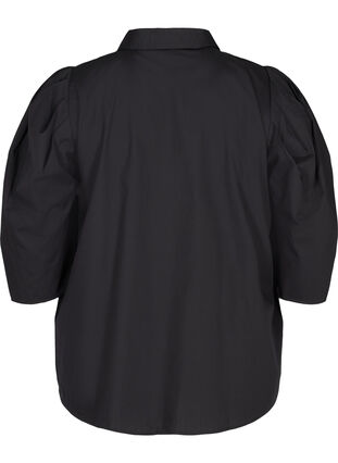 Bomulds skjorte med 3/4 pufærmer, Black, Packshot image number 1