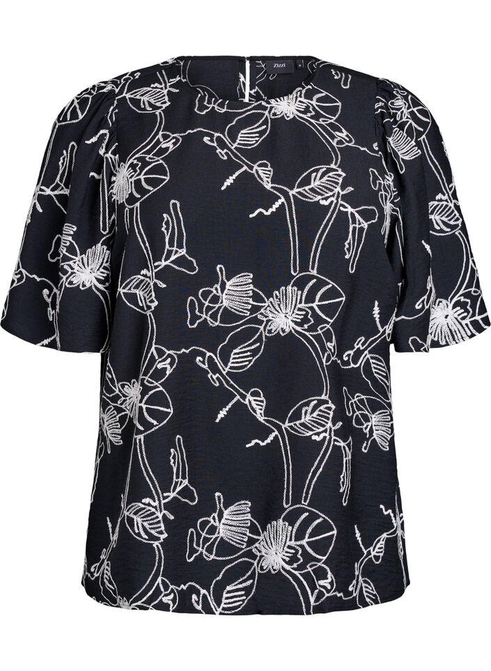 Kort&aelig;rmet bluse med broderet m&oslash;nster, Sort, Packshot image number 0