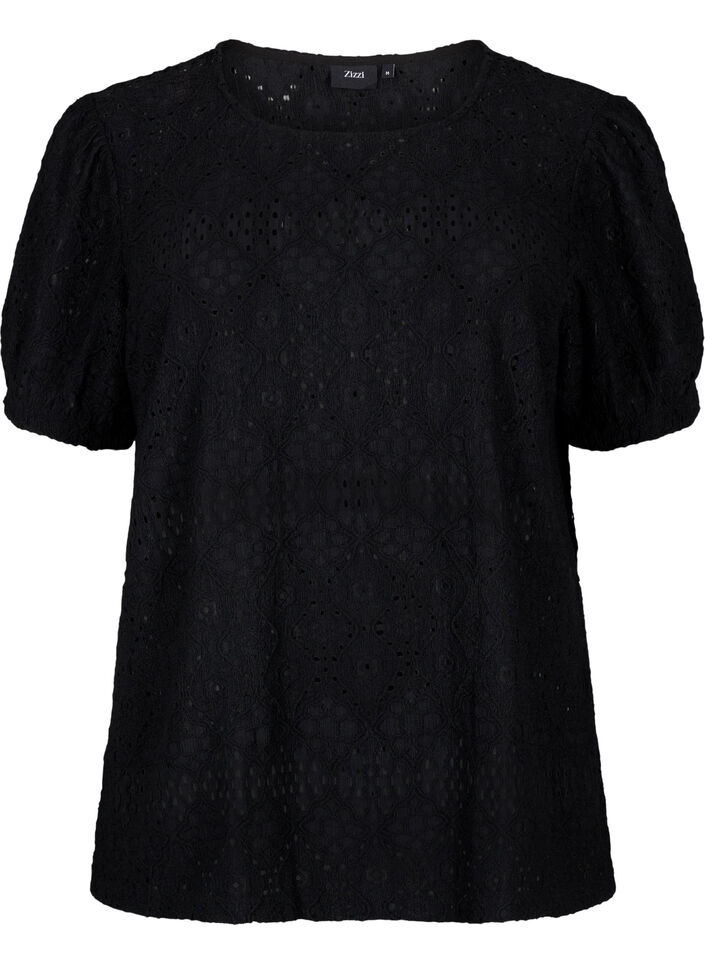 Kortærmet bluse med hulmønster, Black, Packshot image number 0