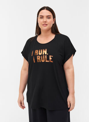 Trænings t-shirt i viskosemix med tryk, Black I Run, Model image number 0