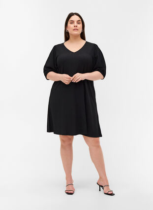 Kjole med pufærmer og v-hals, Black, Model image number 2