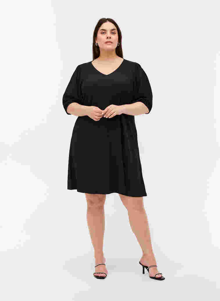 Kjole med pufærmer og v-hals, Black, Model image number 2