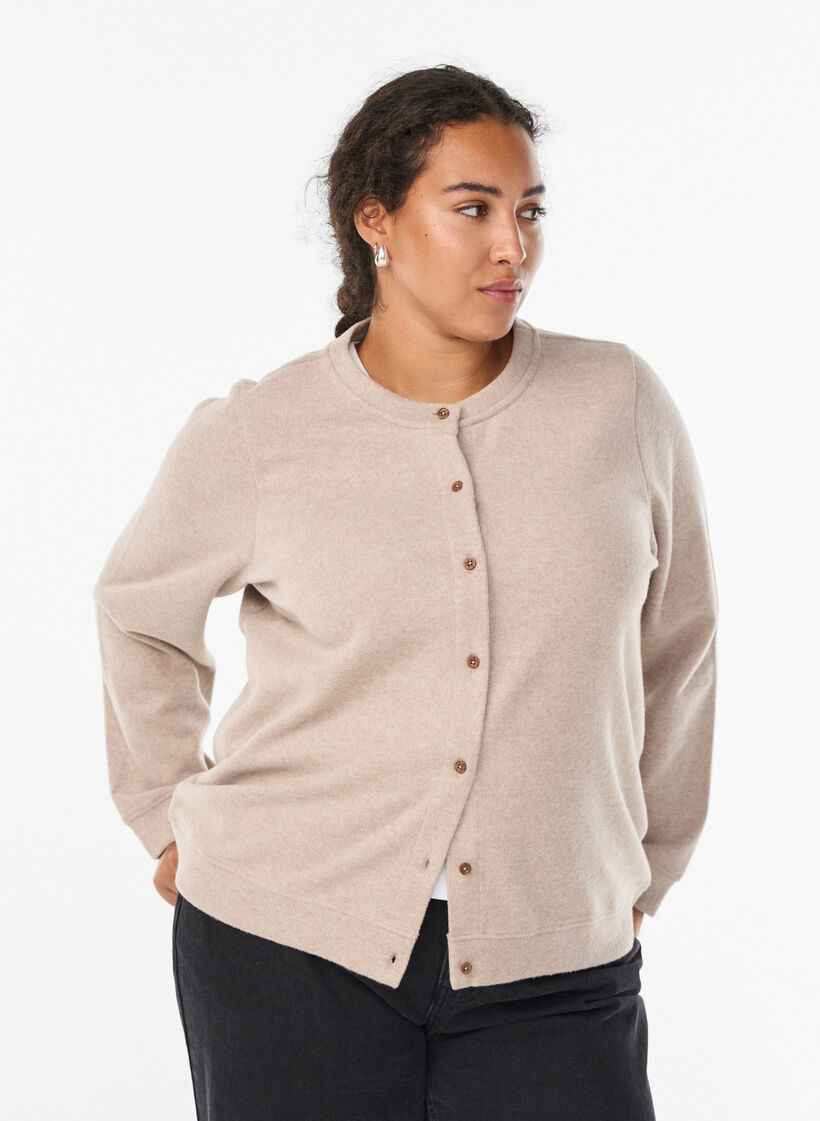Jerseycardigan med rund hals og knapper, Beige, Model image number 0