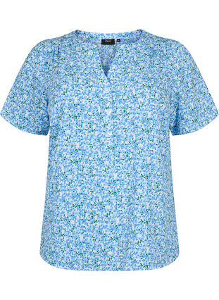 Bluse med korte ærmer og v-udskæring , Blue Small Flower, Packshot image number 0