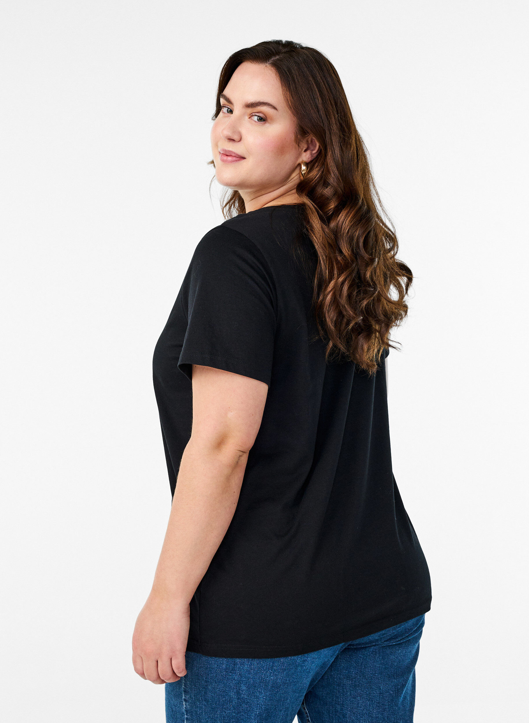 Zizzi Bomulds t-shirt med motiv, Black w. Gold Love, Model image number 1