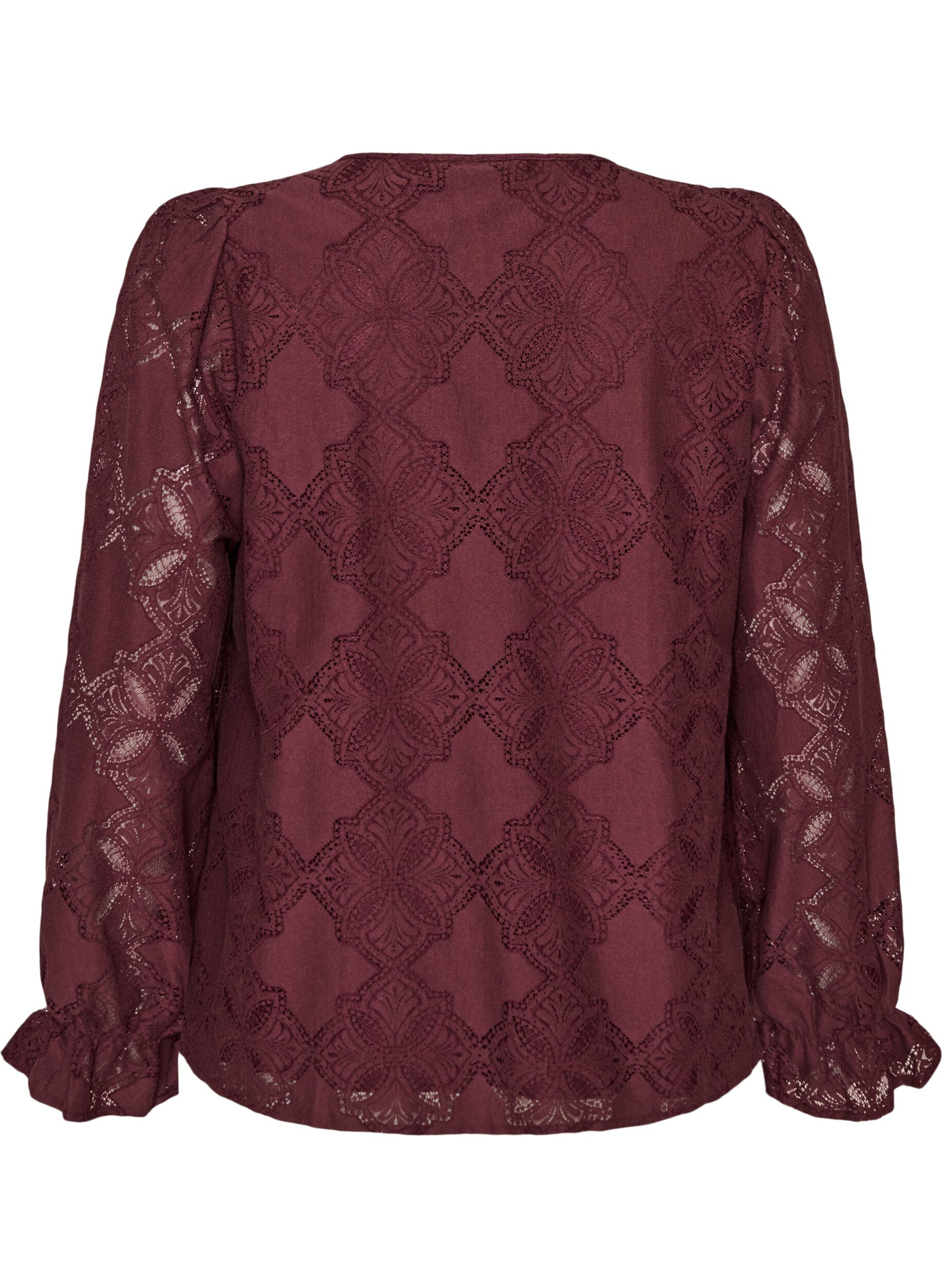 ZizziLang&aelig;rmet bluse med blondem&oslash;nster, M&oslash;rk Bordeaux, Packshot image number 1
