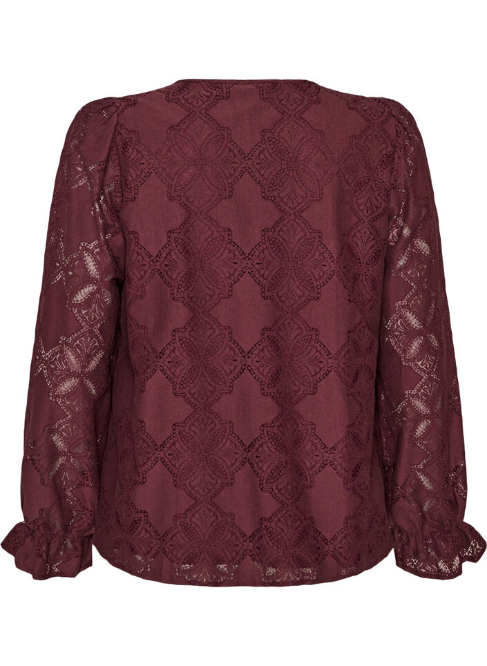 Lang&aelig;rmet bluse med blondem&oslash;nster, M&oslash;rk Bordeaux, Packshot image number 1