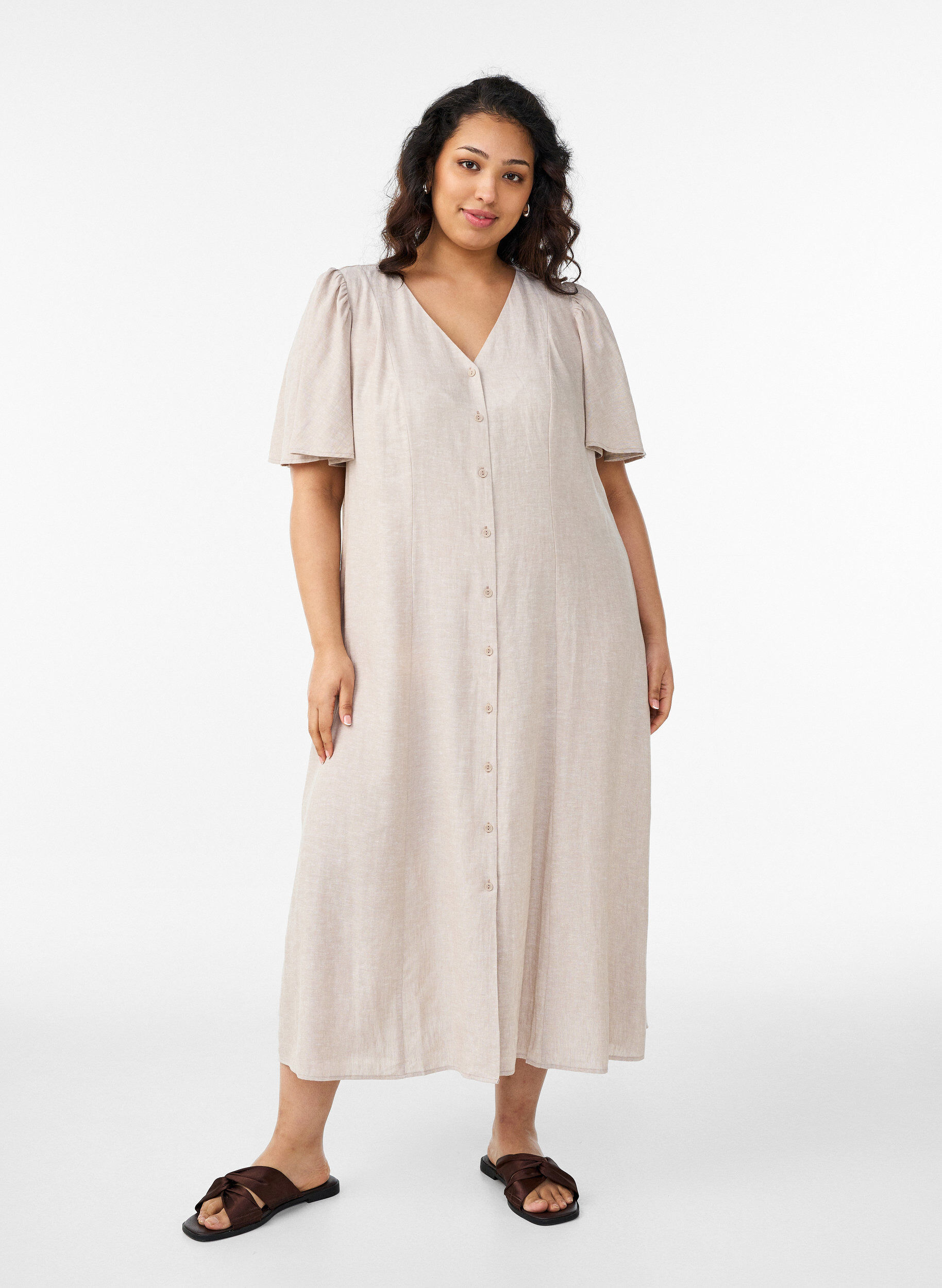 Midikjole i h&oslash;r og viskose med fl&aelig;se&aelig;rmer, Beige, Model