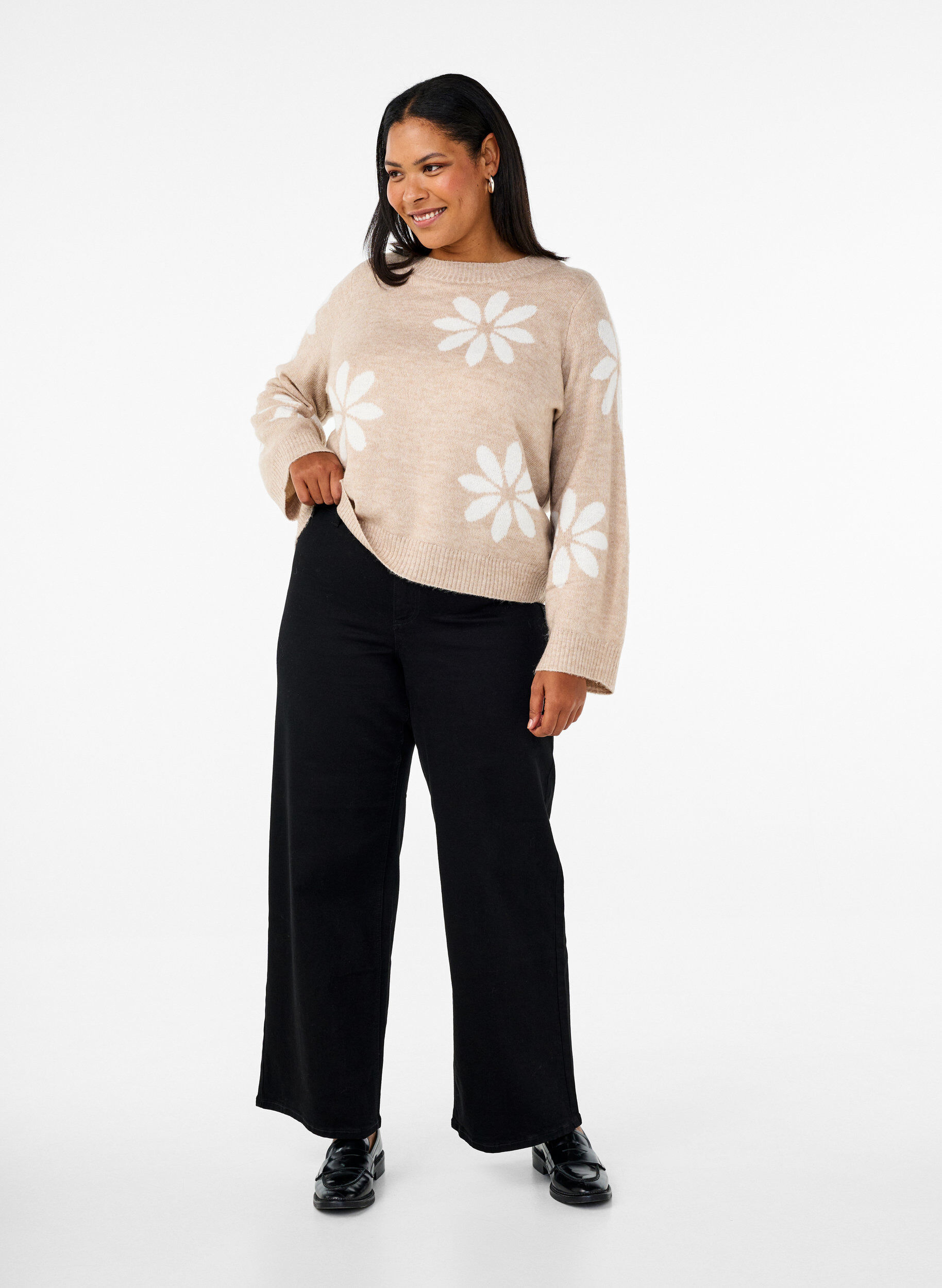 Zizzi Strikbluse med blomster, Simply Taupe Comb, Model image number 2