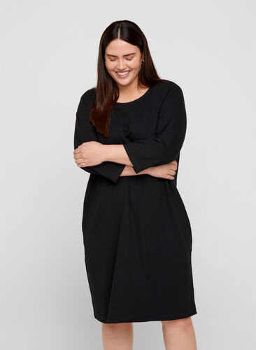 Bomulds kjole med 3/4 ærmer og lommer, Black, Model image number 0