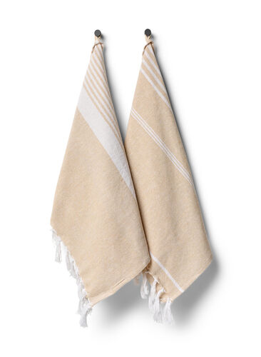 2-pak stribet håndklæde med frynser, 2-Pack Beige, Packshot image number 0