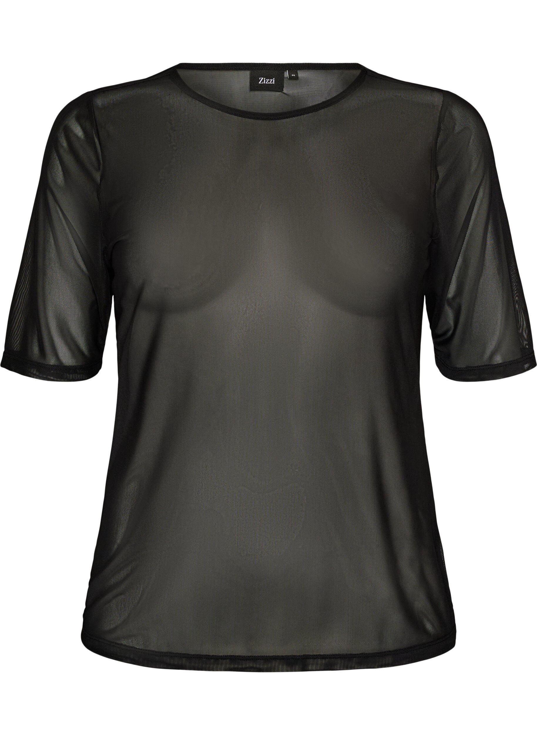 ZizziMeshbluse med korte &aelig;rmer og rund hals, Sort, Packshot image number 0